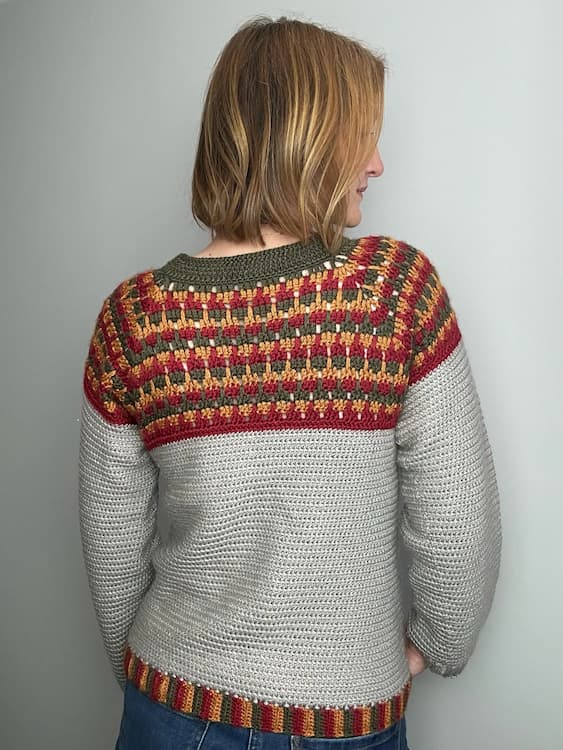 back view of winter crochet sweater for women