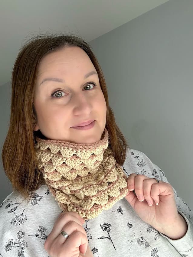 lace crochet cowl worn around neck