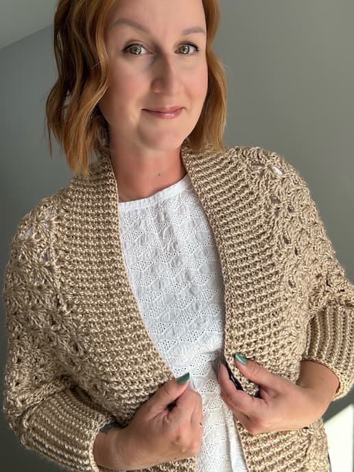 crochet shawl collar close up on a lace shrug