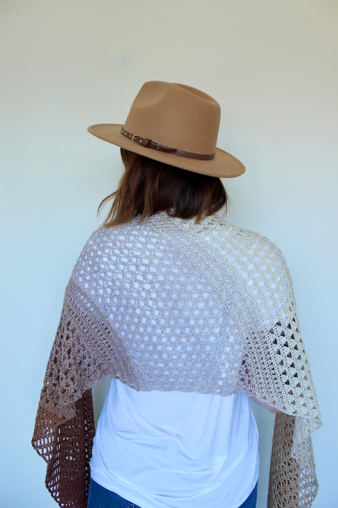 back view of lace crochet sampler shawl