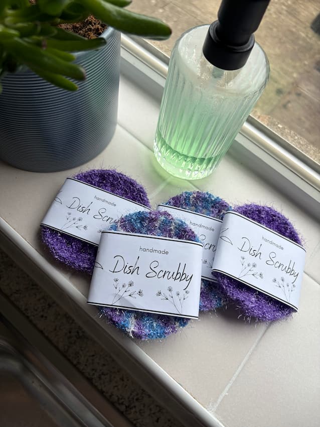 crochet dish scrubbies with printed label